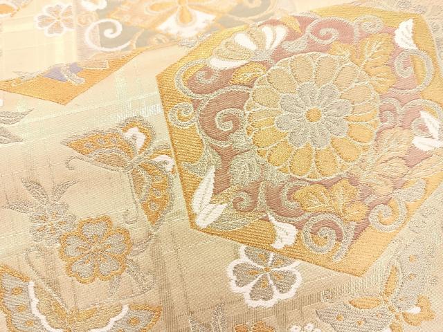 平和屋着物◎六通柄袋帯 亀甲花蝶文 金糸 正絹 逸品 BAAM6661cm