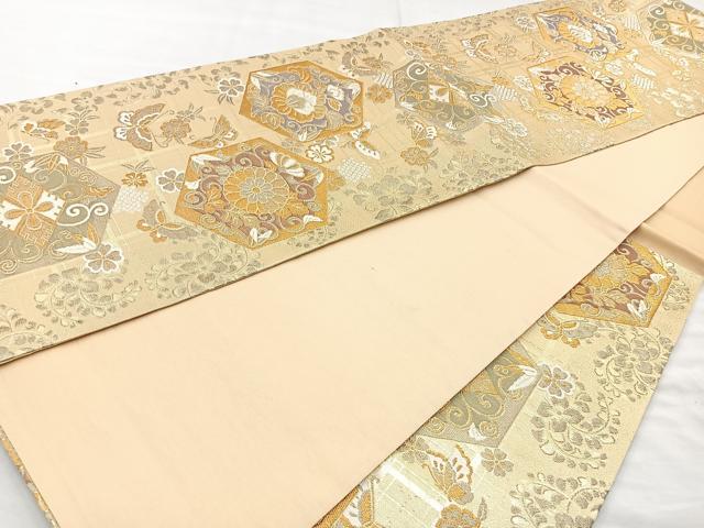 平和屋着物◎六通柄袋帯 亀甲花蝶文 金糸 正絹 逸品 BAAM6661cm