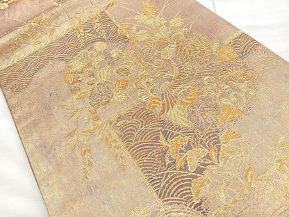 平和屋着物◎佐賀錦 六通柄袋帯 花鳥流水文 金糸 正絹 逸品 BAAM6667cm