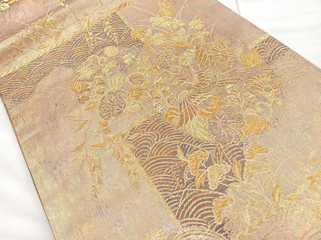 平和屋着物◎佐賀錦 六通柄袋帯 花鳥流水文 金糸 正絹 逸品 BAAM6667cm