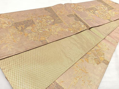 平和屋着物◎佐賀錦 六通柄袋帯 花鳥流水文 金糸 正絹 逸品 BAAM6667cm