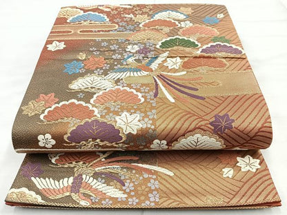 平和屋着物◎六通柄袋帯 唐織 エ霞鳳凰花文 金銀糸 正絹 逸品 BAAM6670cm