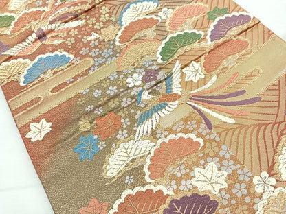 平和屋着物◎六通柄袋帯 唐織 エ霞鳳凰花文 金銀糸 正絹 逸品 BAAM6670cm