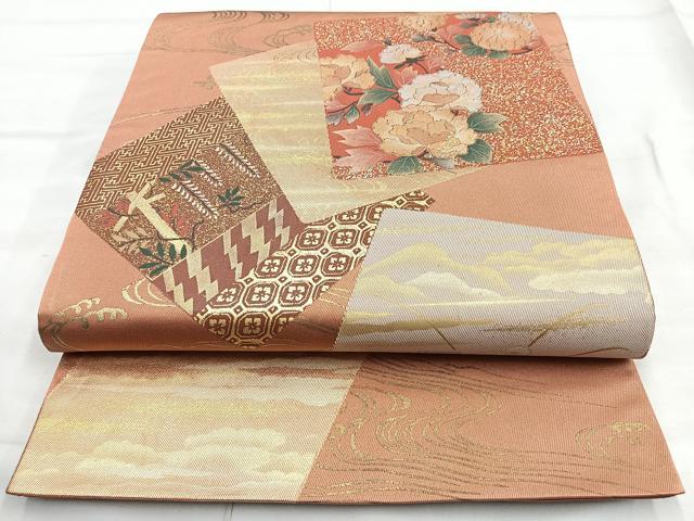 平和屋着物◎六通太鼓柄袋帯　色紙重ね花文　金彩　正絹　逸品　BAAM6696cm