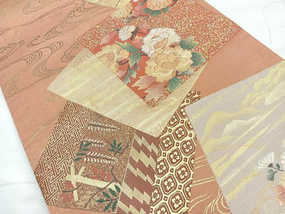 平和屋着物◎六通太鼓柄袋帯　色紙重ね花文　金彩　正絹　逸品　BAAM6696cm
