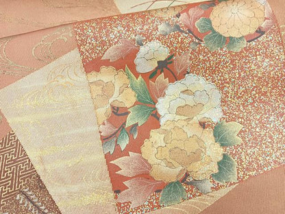 平和屋着物◎六通太鼓柄袋帯　色紙重ね花文　金彩　正絹　逸品　BAAM6696cm