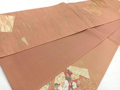 平和屋着物◎六通太鼓柄袋帯　色紙重ね花文　金彩　正絹　逸品　BAAM6696cm