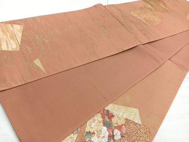 平和屋着物◎六通太鼓柄袋帯　色紙重ね花文　金彩　正絹　逸品　BAAM6696cm