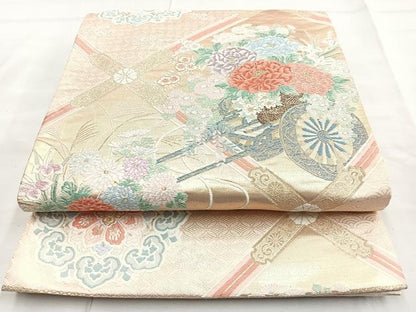 平和屋着物◎六通柄袋帯　唐織　花車唐華文　金糸　正絹　逸品　BAAM6698cm