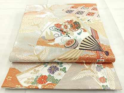 平和屋着物◎六通柄袋帯 唐織 鬘帯扇面重ね文 金糸 正絹 逸品 BAAM6699cm