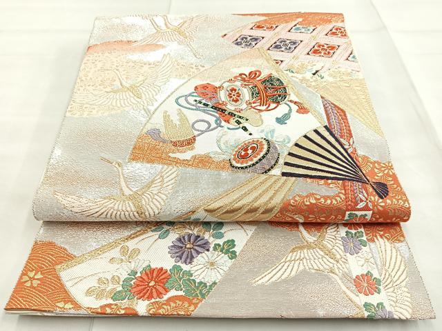 平和屋着物◎六通柄袋帯 唐織 鬘帯扇面重ね文 金糸 正絹 逸品 BAAM6699cm