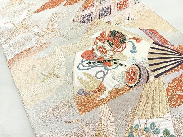 平和屋着物◎六通柄袋帯 唐織 鬘帯扇面重ね文 金糸 正絹 逸品 BAAM6699cm
