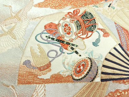 平和屋着物◎六通柄袋帯 唐織 鬘帯扇面重ね文 金糸 正絹 逸品 BAAM6699cm