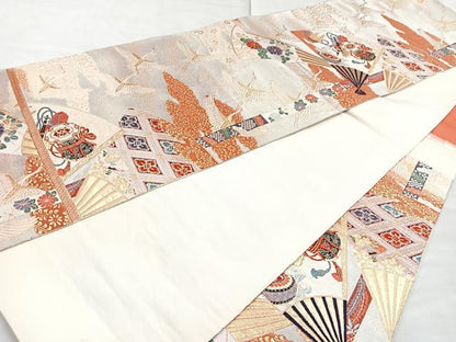 平和屋着物◎六通柄袋帯 唐織 鬘帯扇面重ね文 金糸 正絹 逸品 BAAM6699cm