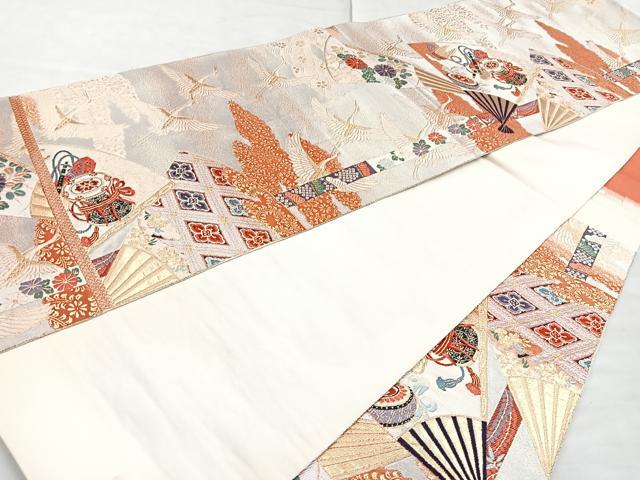 平和屋着物◎六通柄袋帯 唐織 鬘帯扇面重ね文 金糸 正絹 逸品 BAAM6699cm