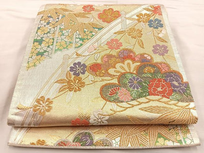 平和屋着物■六通柄袋帯 唐織 渡橋松笹花文 金銀糸 正絹 逸品 BAAM7910if