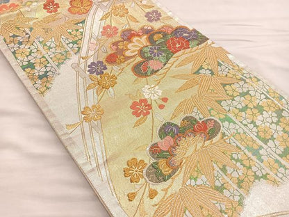 平和屋着物■六通柄袋帯 唐織 渡橋松笹花文 金銀糸 正絹 逸品 BAAM7910if
