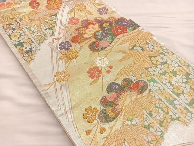 平和屋着物■六通柄袋帯 唐織 渡橋松笹花文 金銀糸 正絹 逸品 BAAM7910if