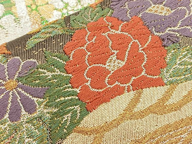 平和屋着物■六通柄袋帯 唐織 渡橋松笹花文 金銀糸 正絹 逸品 BAAM7910if