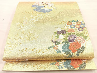 平和屋着物■六通柄袋帯 唐織 雪輪牡丹花文 金糸 正絹 逸品 BAAM7931if