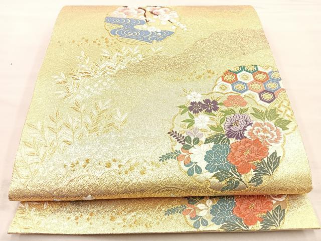 平和屋着物■六通柄袋帯 唐織 雪輪牡丹花文 金糸 正絹 逸品 BAAM7931if