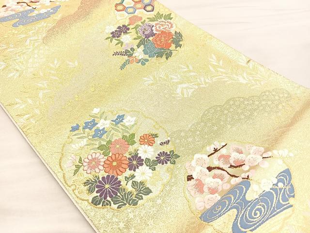 平和屋着物■六通柄袋帯 唐織 雪輪牡丹花文 金糸 正絹 逸品 BAAM7931if