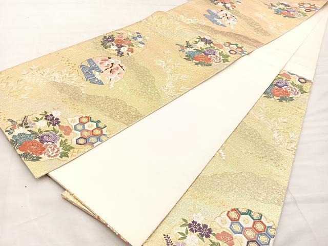 平和屋着物■六通柄袋帯 唐織 雪輪牡丹花文 金糸 正絹 逸品 BAAM7931if