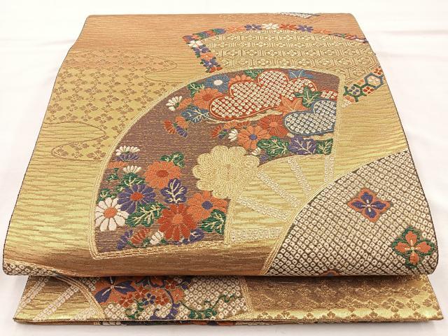 平和屋着物■六通柄袋帯　唐織　扇面松菊花文　金糸　正絹　逸品　BAAM7983if