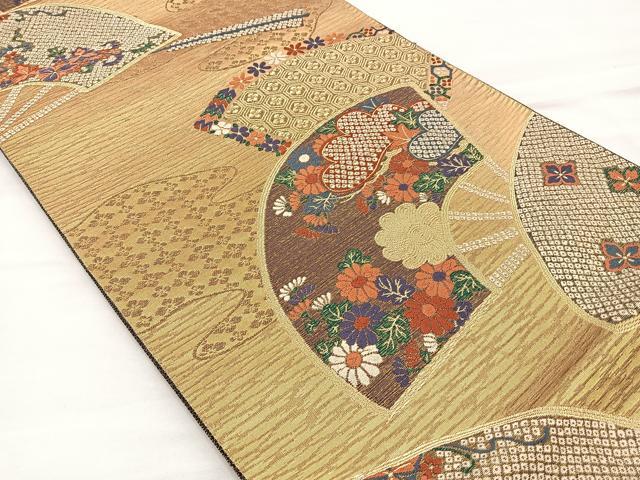 平和屋着物■六通柄袋帯　唐織　扇面松菊花文　金糸　正絹　逸品　BAAM7983if