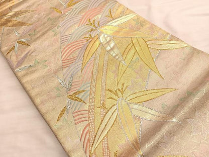 平和屋着物●六通柄袋帯　唐織　流水笹の葉文様　金銀糸　正絹　逸品　BAAM8028du