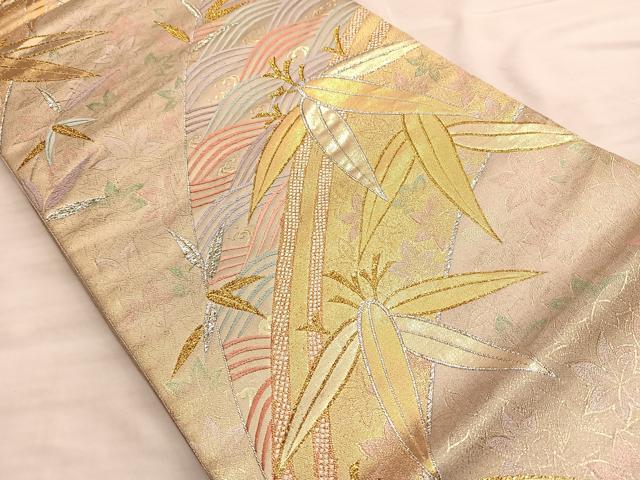 平和屋着物●六通柄袋帯　唐織　流水笹の葉文様　金銀糸　正絹　逸品　BAAM8028du