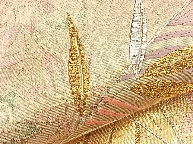 平和屋着物●六通柄袋帯　唐織　流水笹の葉文様　金銀糸　正絹　逸品　BAAM8028du