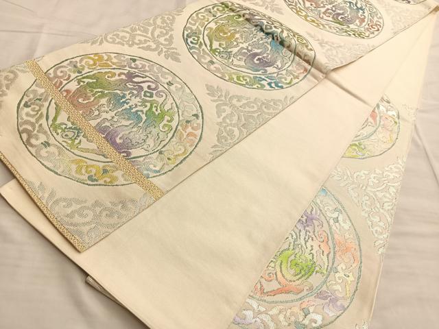 平和屋着物■六通柄袋帯 双鶴草円文 銀糸 正絹 逸品 BAAM8071du