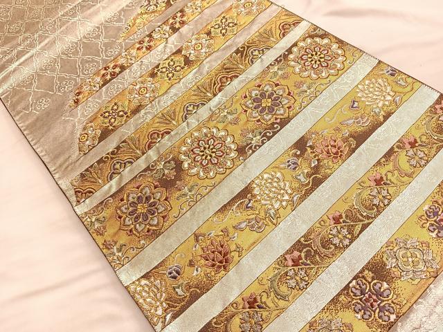 平和屋着物□六通柄袋帯 唐織 横段宝飾華文 渡来宝飾 金