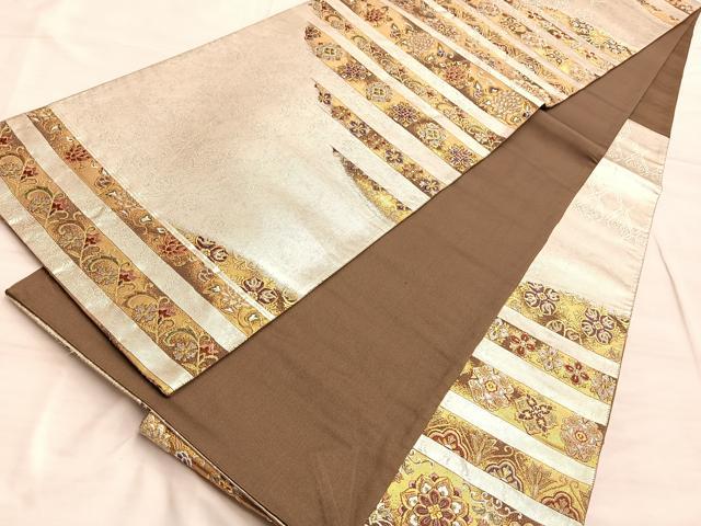 袋帯 六通 紙布 紐通し 市松 横縞 洒落 25M160f 袋帯 六通 紙布 紐通し 市松 横縞 洒落 25M160f