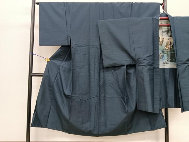 平和屋着物●男性 紬 アンサンブル 藍鉄色 羽裏：七福神 正絹 逸品 BAAM9333fw