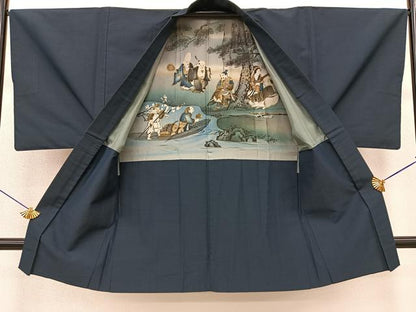平和屋着物●男性 紬 アンサンブル 藍鉄色 羽裏：七福神 正絹 逸品 BAAM9333fw