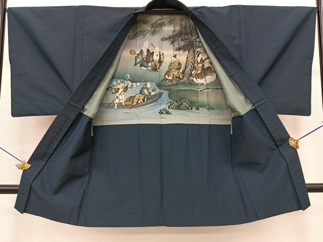 平和屋着物●男性 紬 アンサンブル 藍鉄色 羽裏：七福神 正絹 逸品 BAAM9333fw