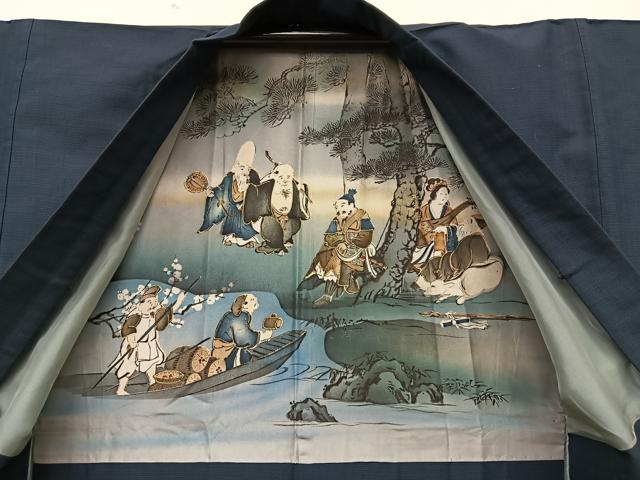 平和屋着物●男性 紬 アンサンブル 藍鉄色 羽裏：七福神 正絹 逸品 BAAM9333fw