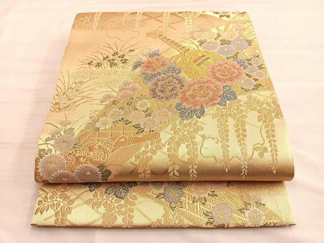 平和屋着物■六通柄袋帯　楽器花文　金糸　正絹　逸品　BAAN0313du