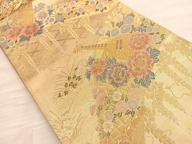 平和屋着物■六通柄袋帯　楽器花文　金糸　正絹　逸品　BAAN0313du