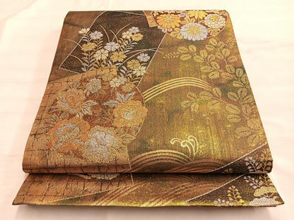 平和屋着物■六通柄袋帯 色紙重ね草花文 金糸 引箔 正絹 逸品 BAAN0320du