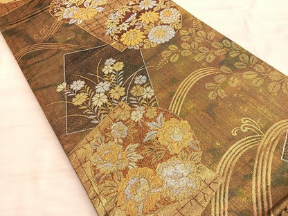 平和屋着物■六通柄袋帯 色紙重ね草花文 金糸 引箔 正絹 逸品 BAAN0320du