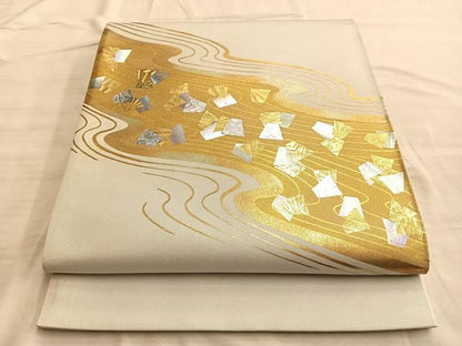 平和屋着物■太鼓柄袋帯　流水文様　金糸　正絹　逸品　BAAN0341du