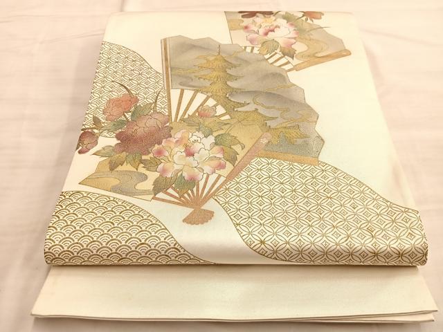 平和屋着物■太鼓柄袋帯 扇面有職花文 金彩 正絹 逸品 BAAN1036du