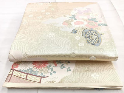 平和屋着物◎六通柄袋帯 唐織 花車文 金糸 正絹 逸品 BAAN1108cm