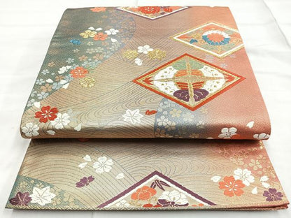 平和屋着物◎六通柄袋帯　唐織　流水菱花蝶文　金銀糸　正絹　逸品　BAAN1109cm