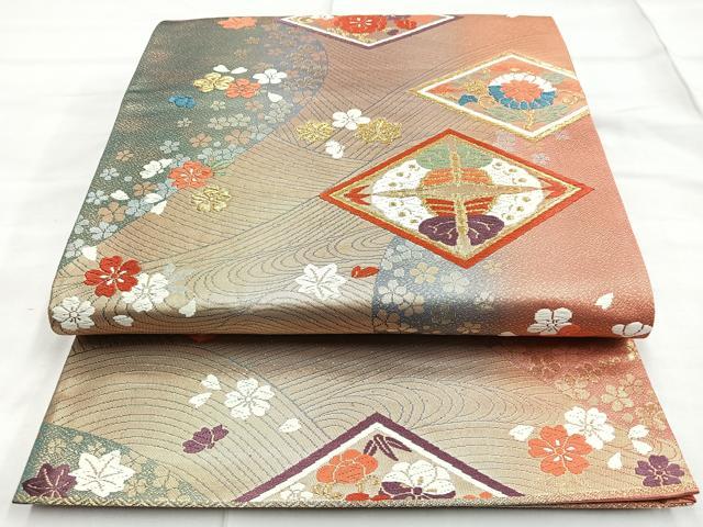 平和屋着物◎六通柄袋帯　唐織　流水菱花蝶文　金銀糸　正絹　逸品　BAAN1109cm