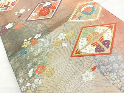 平和屋着物◎六通柄袋帯　唐織　流水菱花蝶文　金銀糸　正絹　逸品　BAAN1109cm