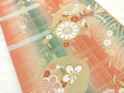 平和屋着物◎六通柄袋帯　唐織　糸巻車花鳥文　金糸　正絹　逸品　BAAN1122cm